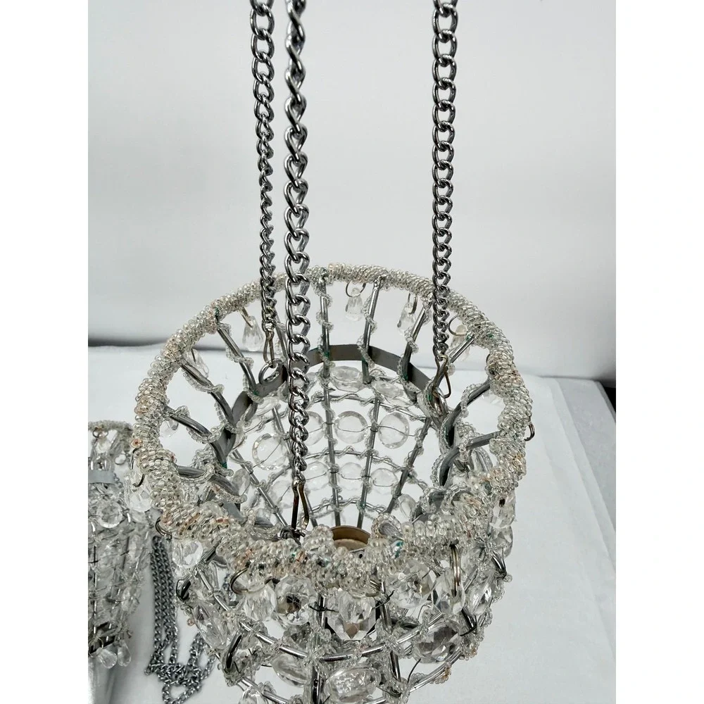 Hanging Crystal Votive Candle Holder Metal Beaded Chandelier Style PAIR-READ**